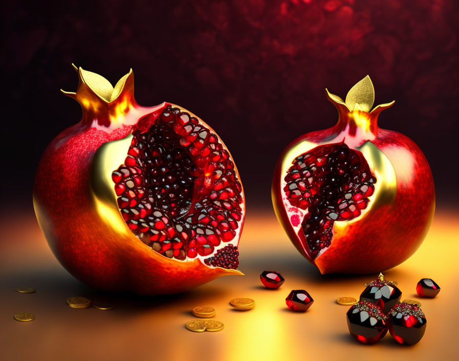 Pomegranates with glowing seeds and jewels on dark red backdrop