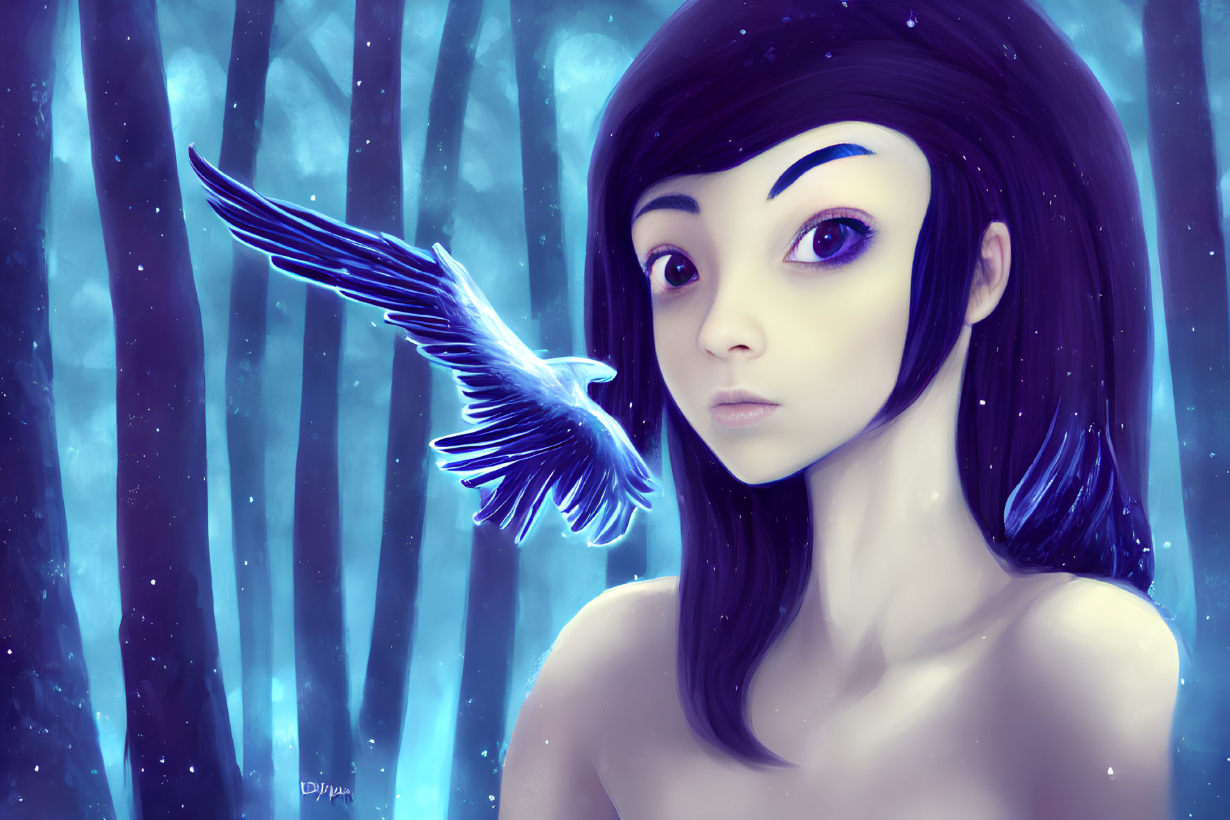 Illustrated portrait of girl with large eyes and dark hair beside small blue bird in mystical forest