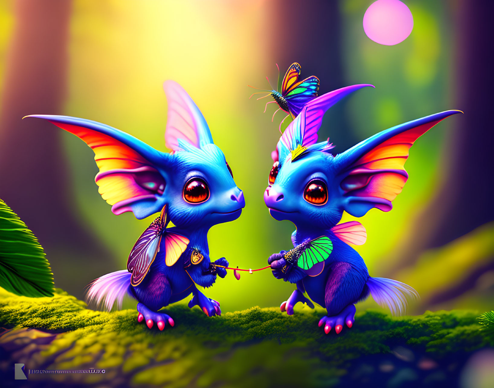 Colorful fantasy creatures with wings and large ears in whimsical forest scene