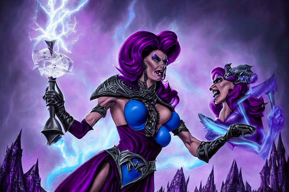 Stylized fantasy illustration of two women in purple costumes with crystal staff, set against stormy backdrop