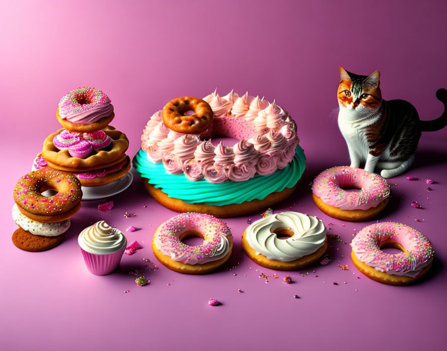 Calico Cat with Sweets on Purple Background