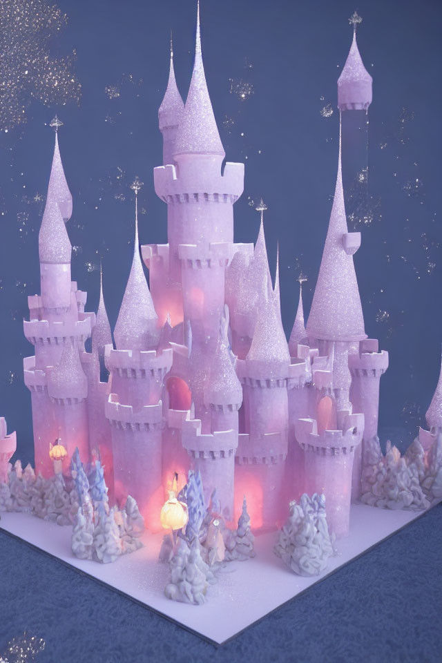 Paper Castle Model Glowing with Pink and Purple Lights