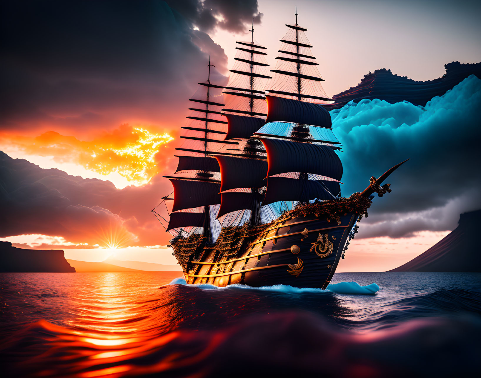 Sailing ship with black sails on fiery red waves at sunset