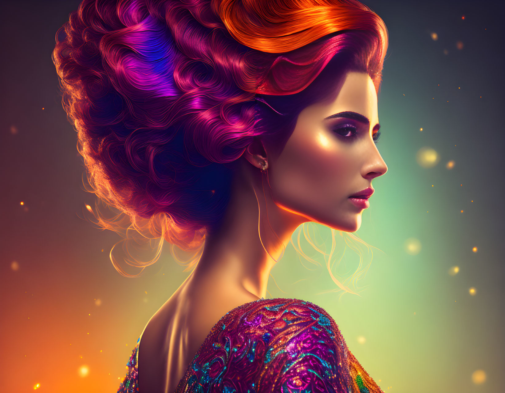 Vibrant multicolored hair and makeup in dreamy, glittering setting