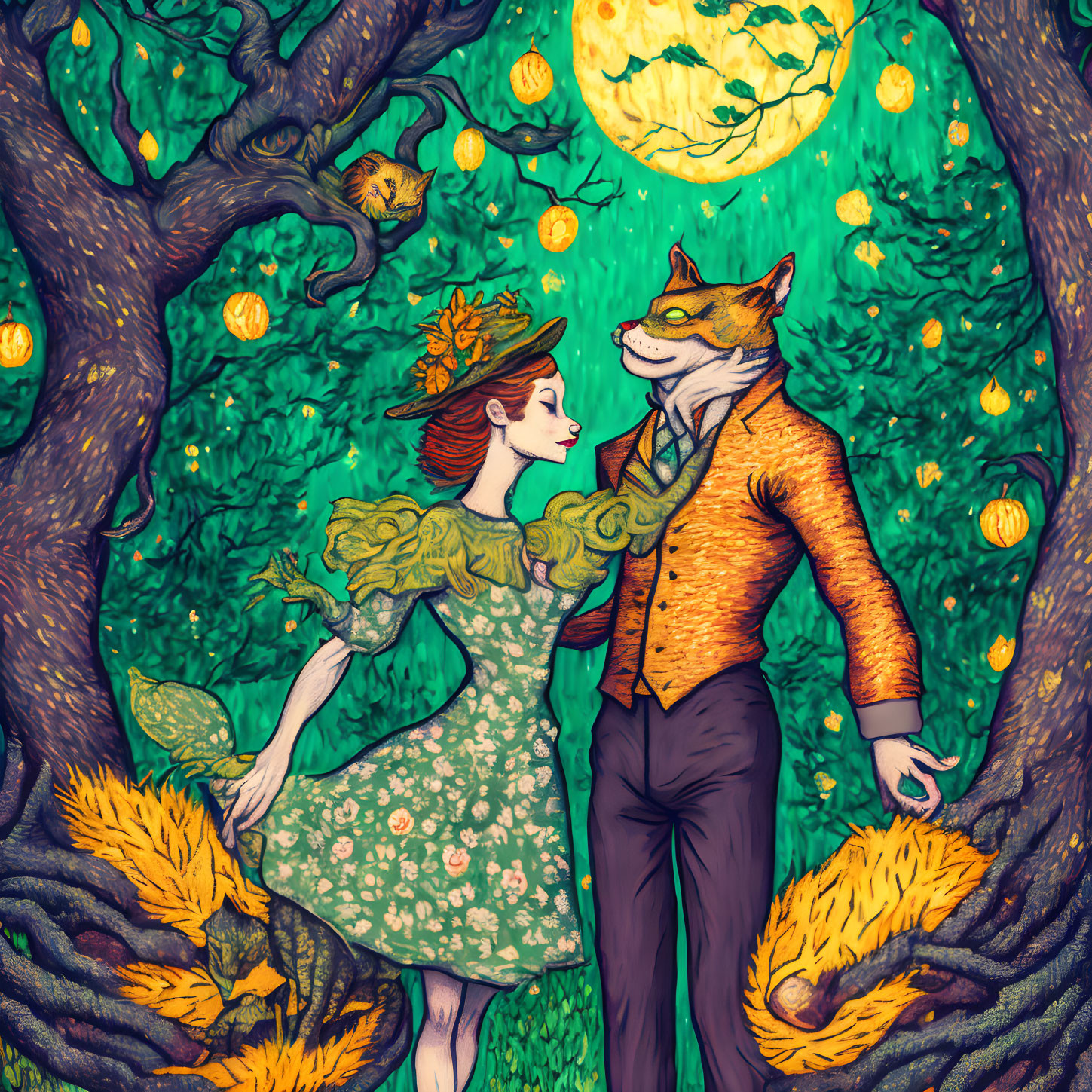 Illustration of woman and fox dancing under lemon tree