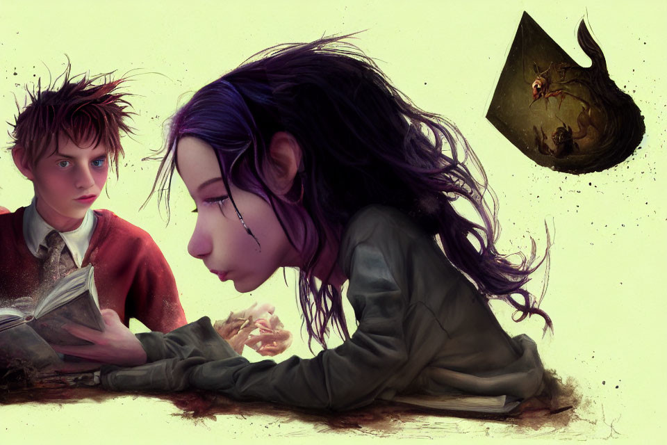 Intense boy and girl with book and purple hair, floating helmet in background