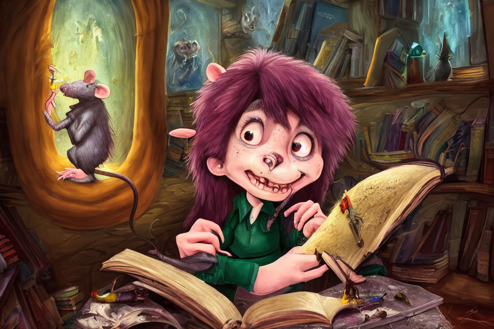 Illustration of girl with purple hair reading spellbook with mouse quill on bookshelf.