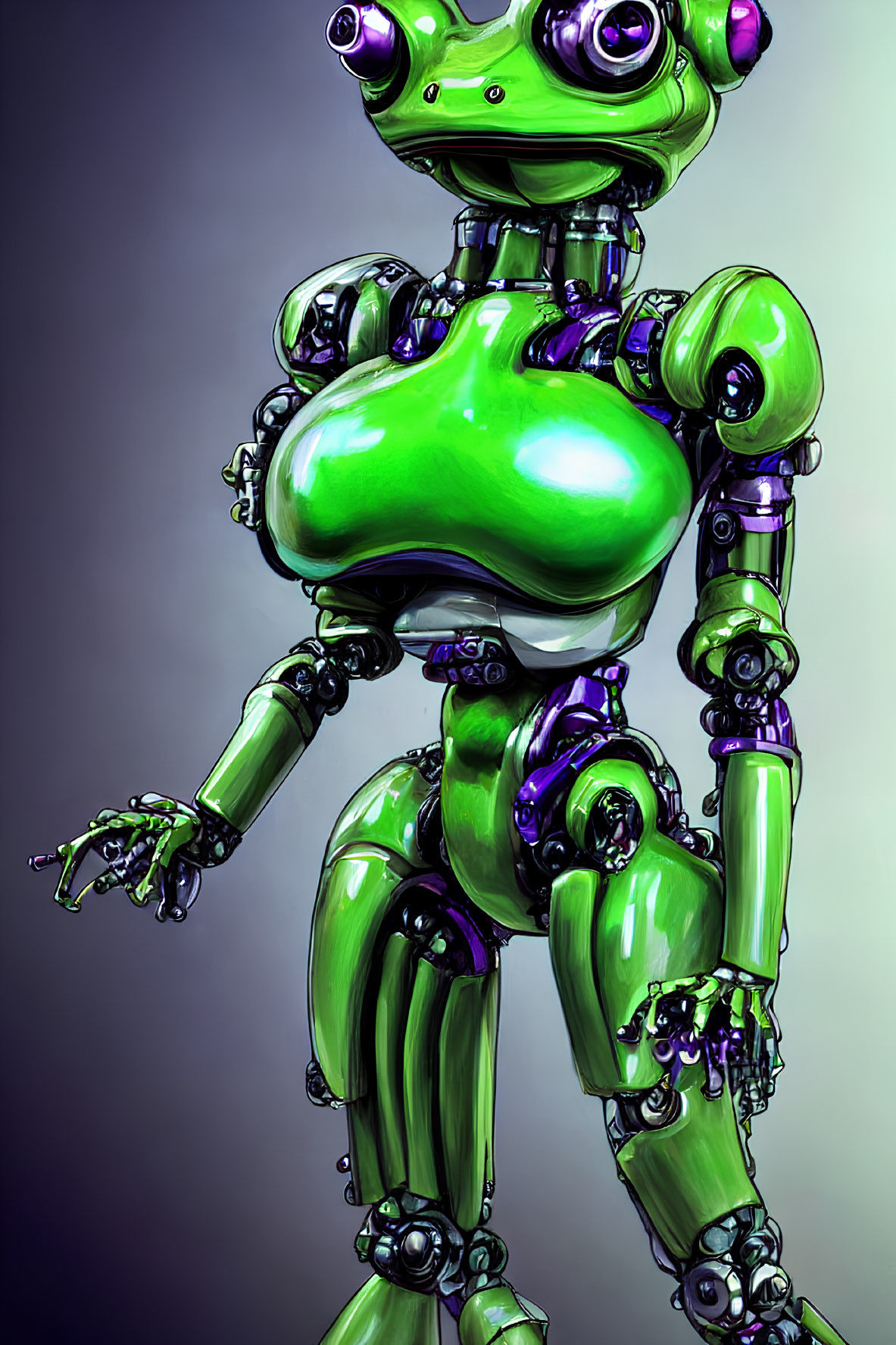 Intricate green robotic frog with futuristic design