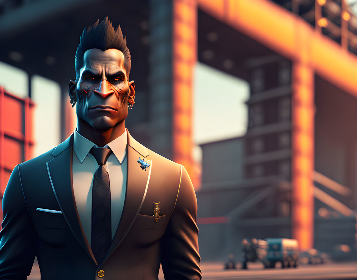 Stylized 3D Illustration of Exaggerated Man in Suit with Industrial Sunset Backdrop