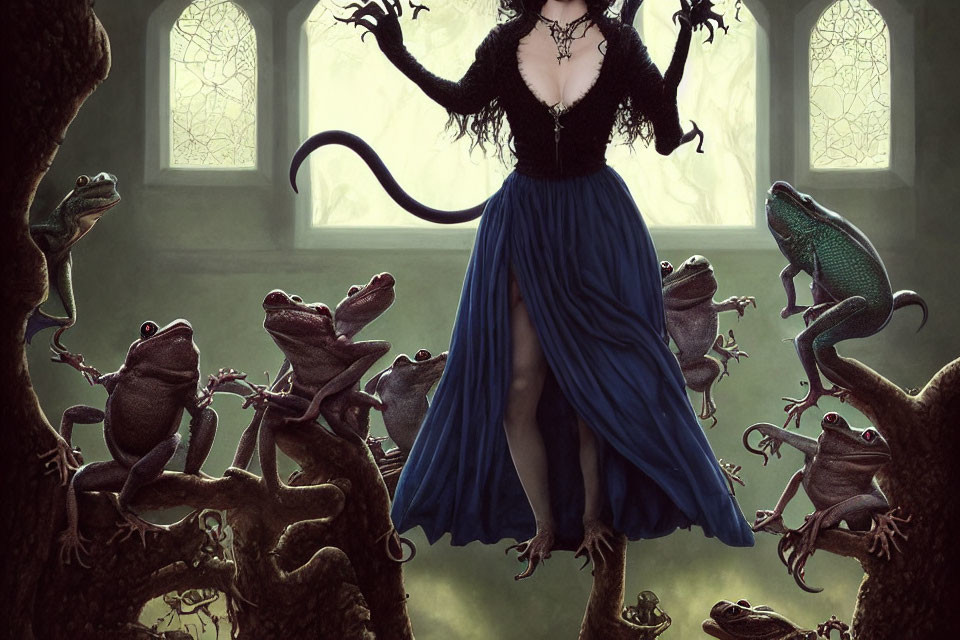 Mystical woman with tentacle arms and frogs in gothic setting