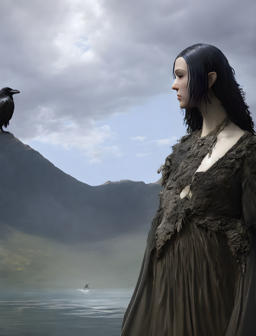 Elf with black hair and raven by misty mountain lake