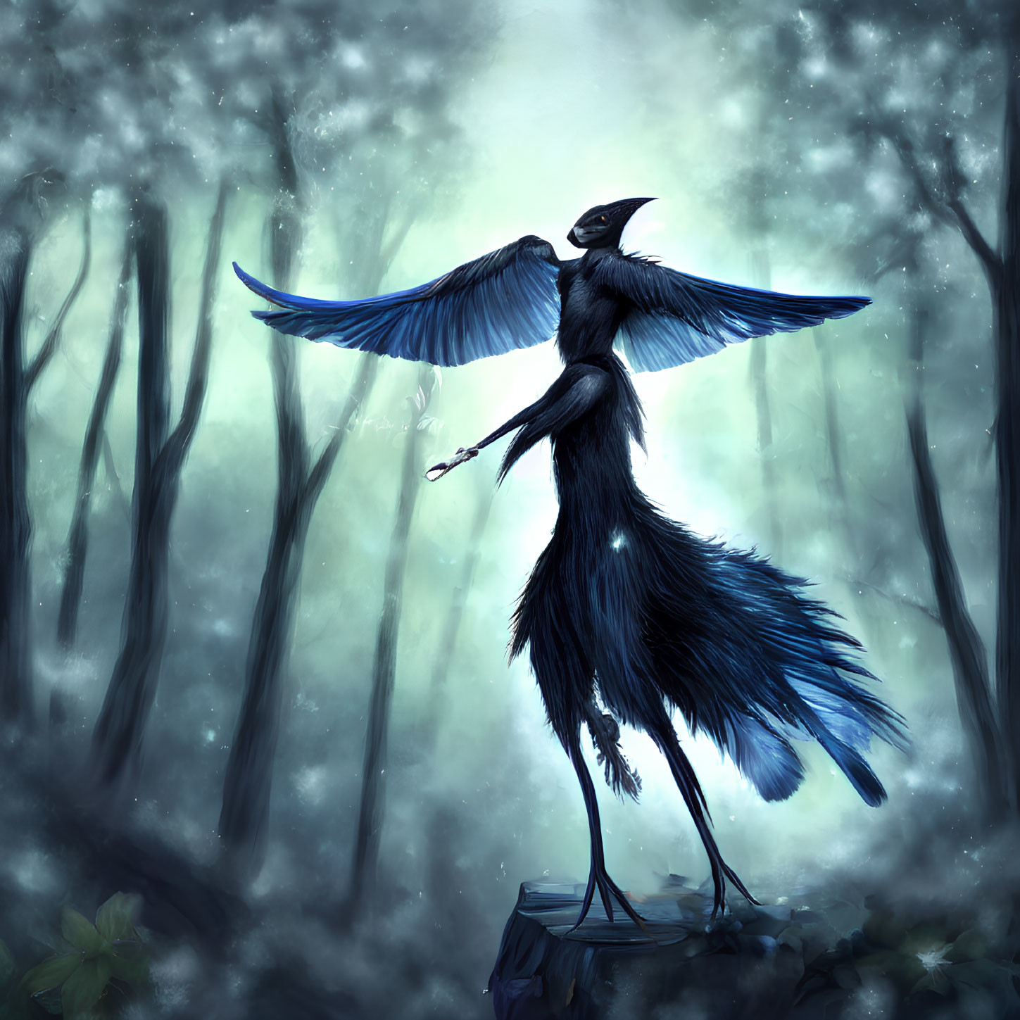 Mystical bird-like creature with extended wings in foggy, enchanted forest