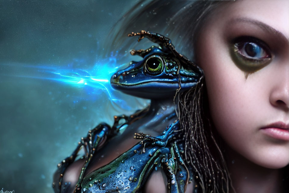 Fantasy digital artwork: Human with frog-like features and magical blue light