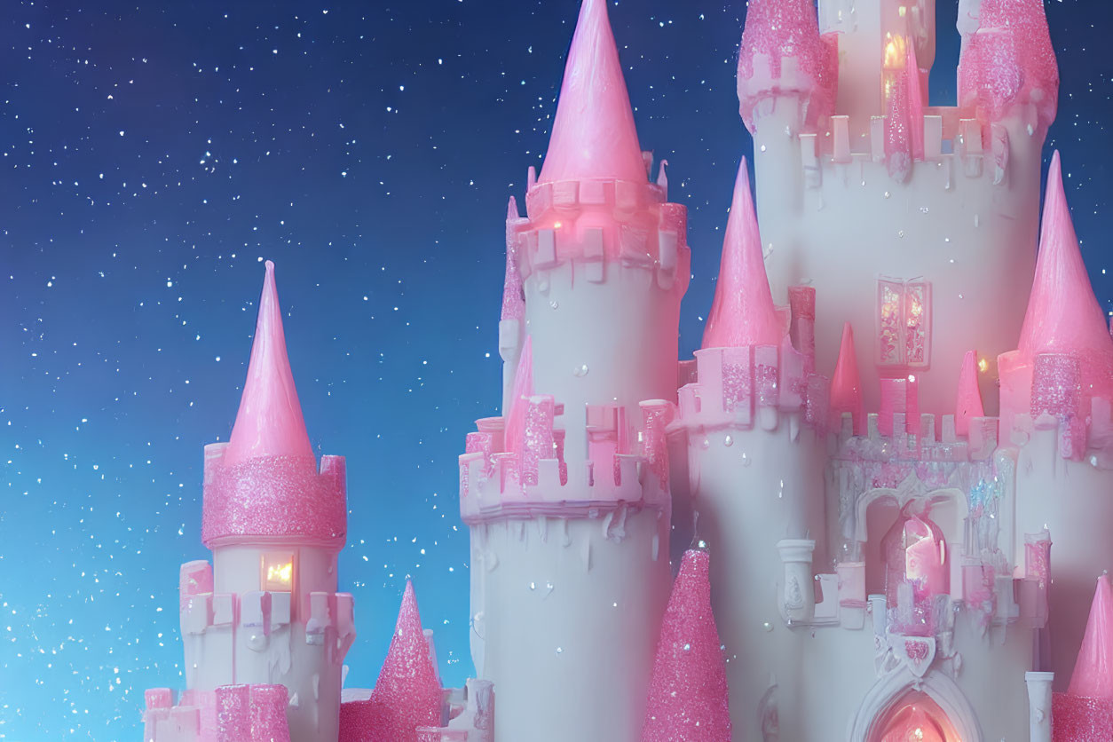 Pink and White Castle with Sparkling Towers in a Dreamlike Setting