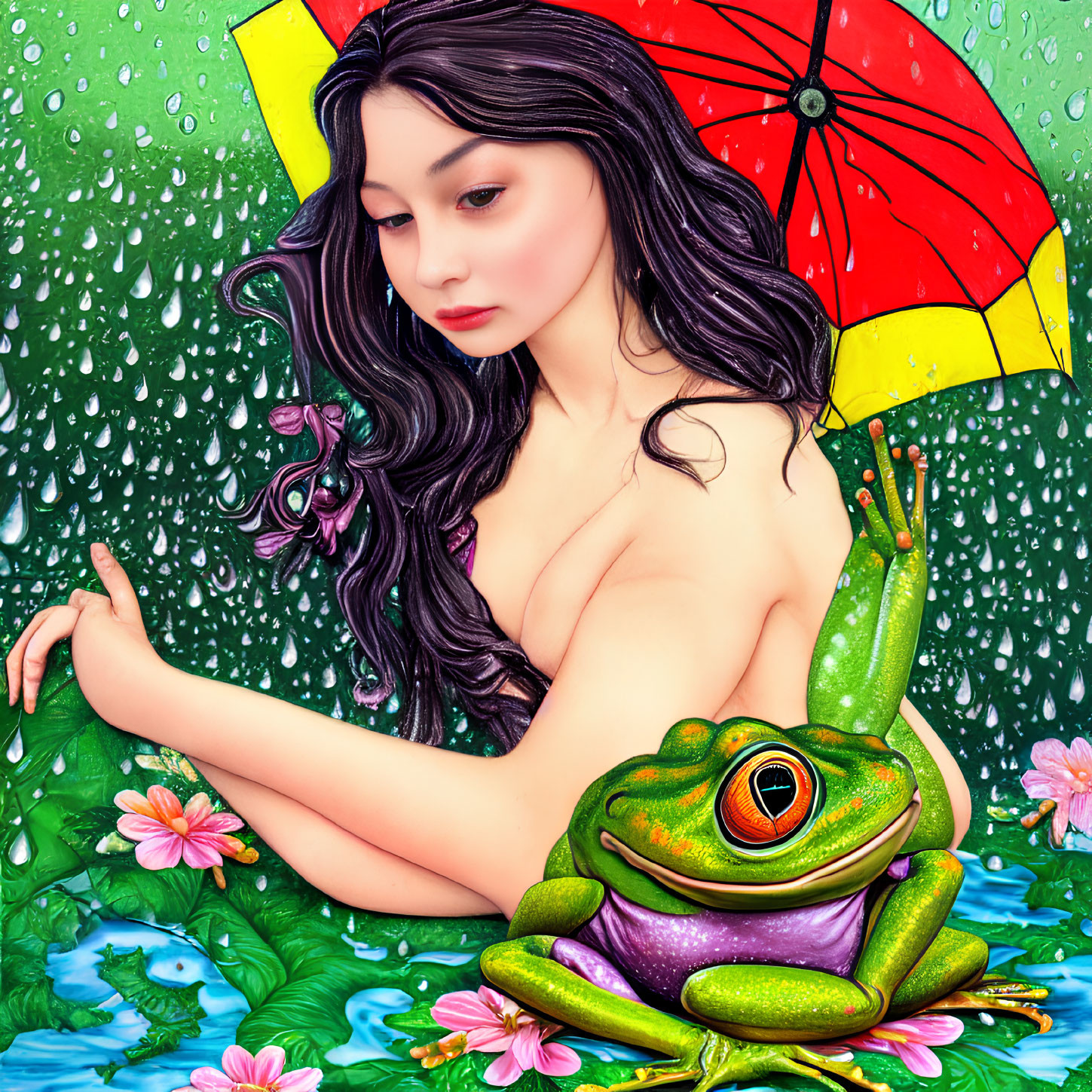 Woman with red-yellow umbrella and frog in rain surrounded by flowers