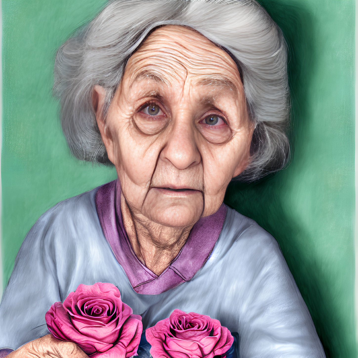 Gray-Haired Elderly Woman Holding Pink Roses Against Green Background