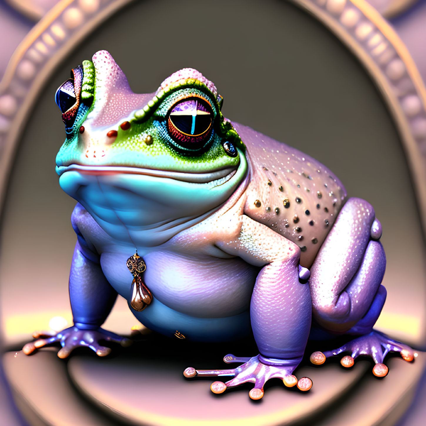 Colorful anthropomorphic frog illustration with expressive eyes and jewels in ornate frame