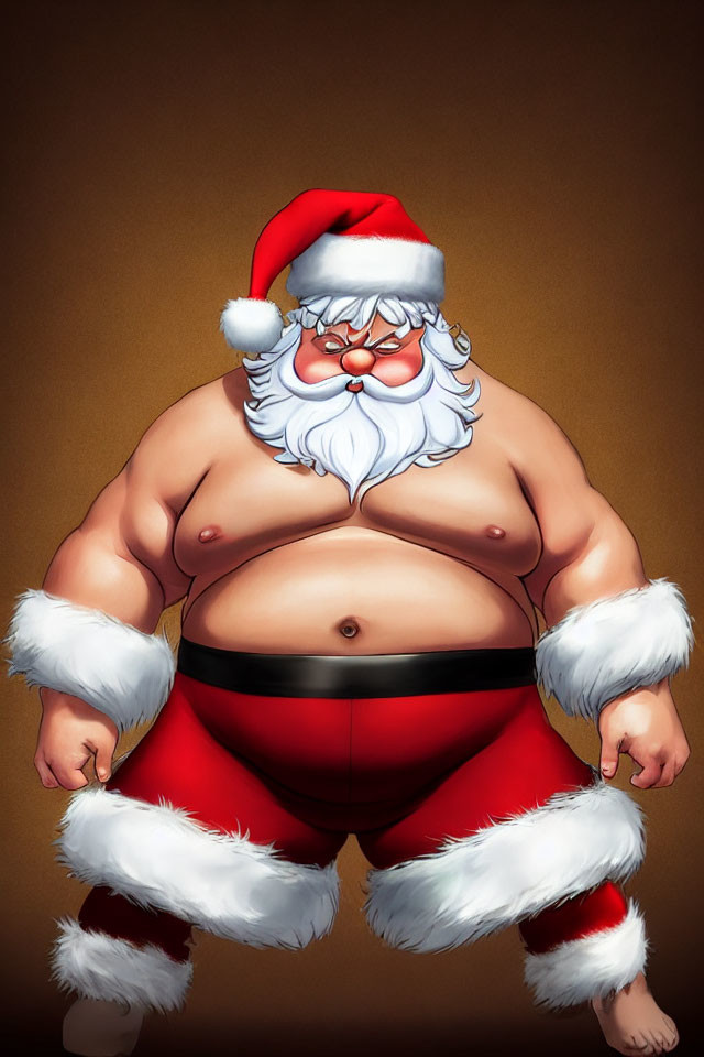 Muscular Santa Claus in Red and White Attire without Shirt