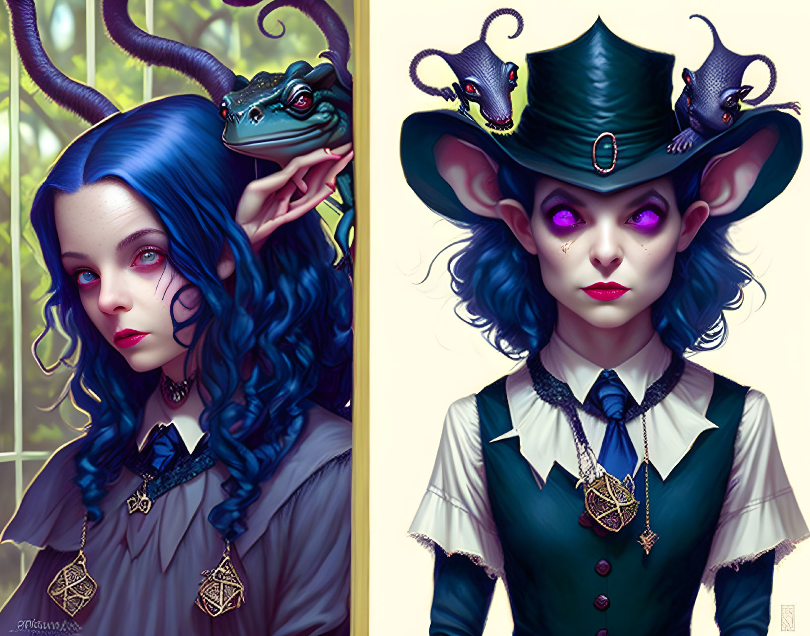 Fantasy characters with blue skin, horns, and dragons in split illustration