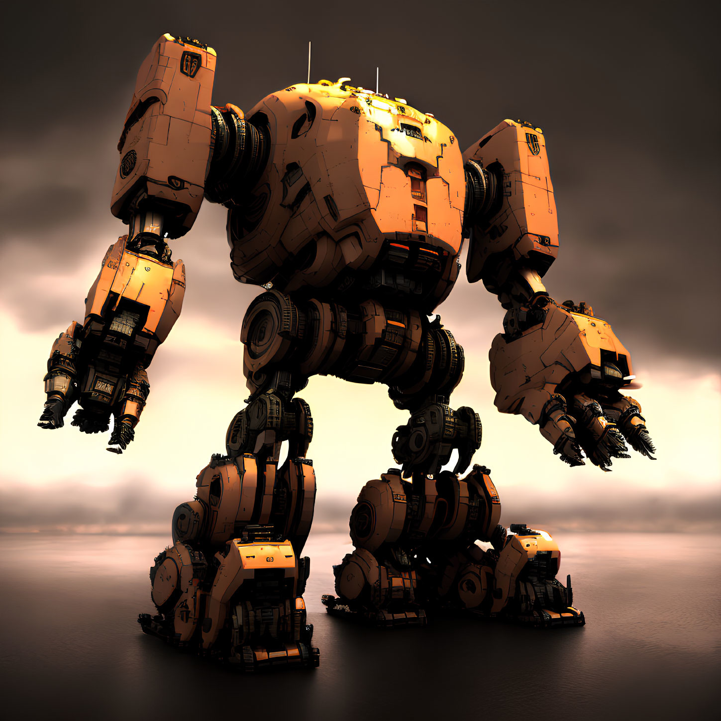 Armored bipedal mech in moody sky scene