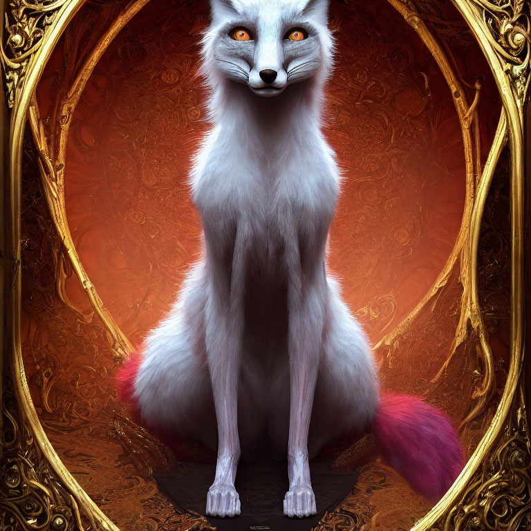 Anthropomorphic White Fox Portrait in Golden Oval Frame