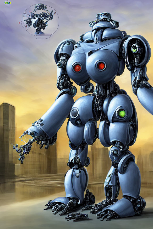 Futuristic robot with blue and grey armor and red eyes against cityscape at sunset