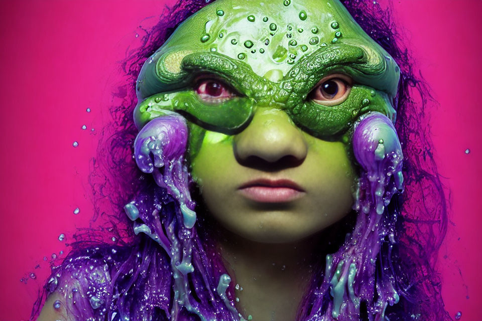 Colorful frog-like makeup and prosthetics on person against bright pink background