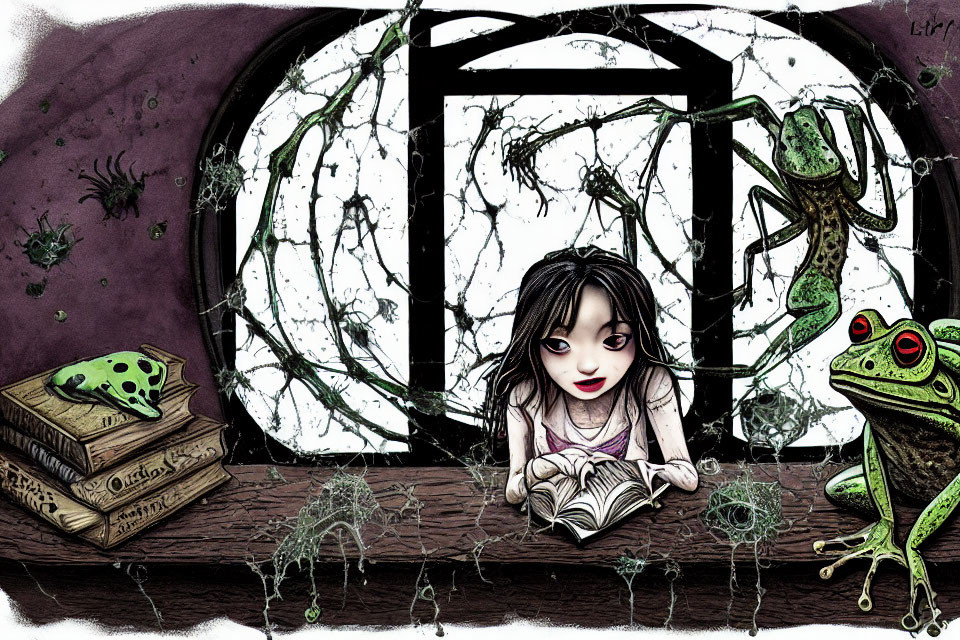 Whimsical illustration of girl, frogs, spider webs, broken window & vines