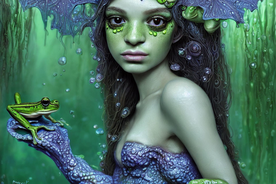 Fantastical woman with green amphibian features and frog on hand in lush green setting