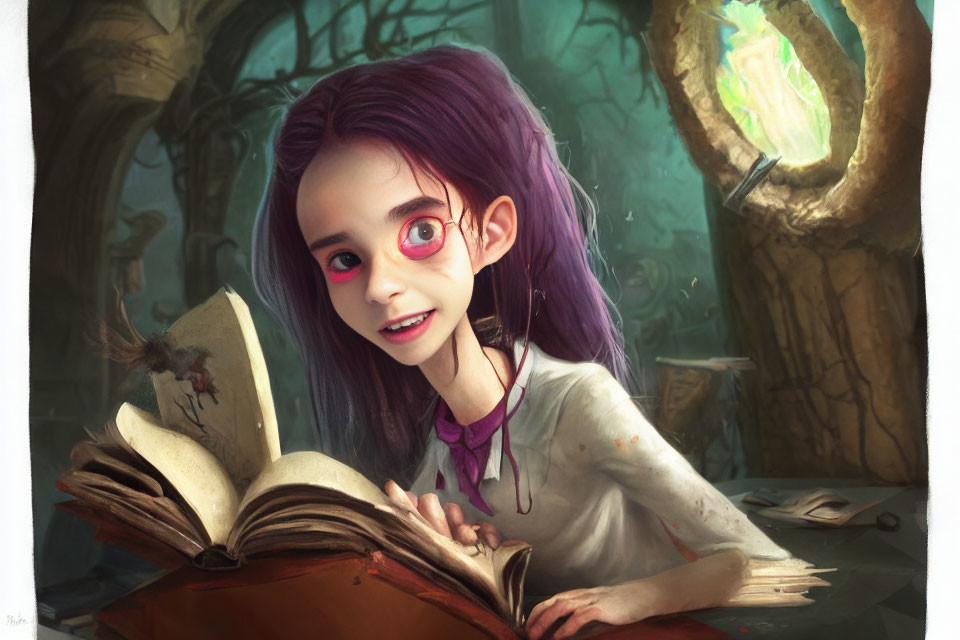 Stylized illustration of girl with purple hair reading book in forest-like room