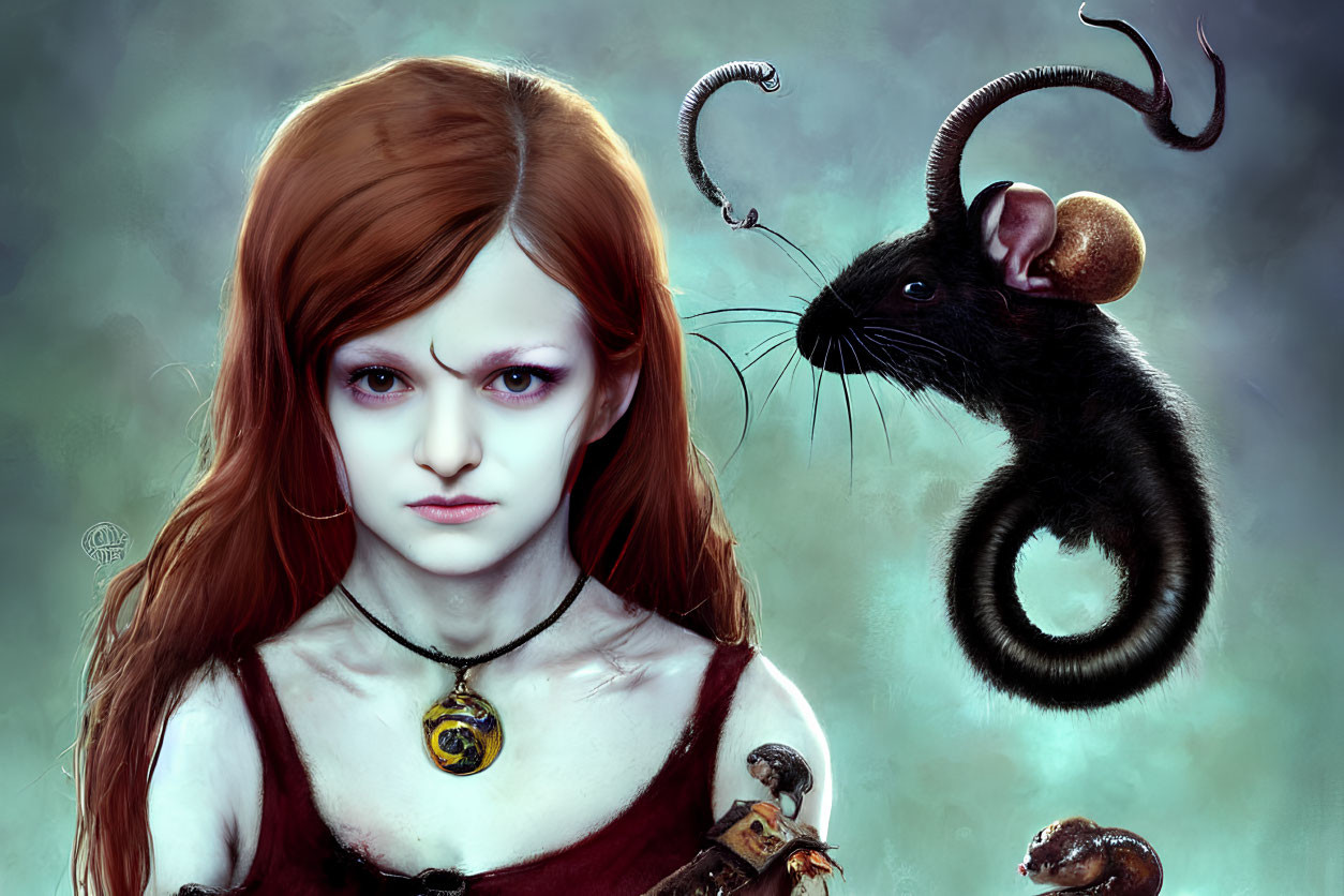 Red-haired girl with stern look & fantastical creature in digital artwork