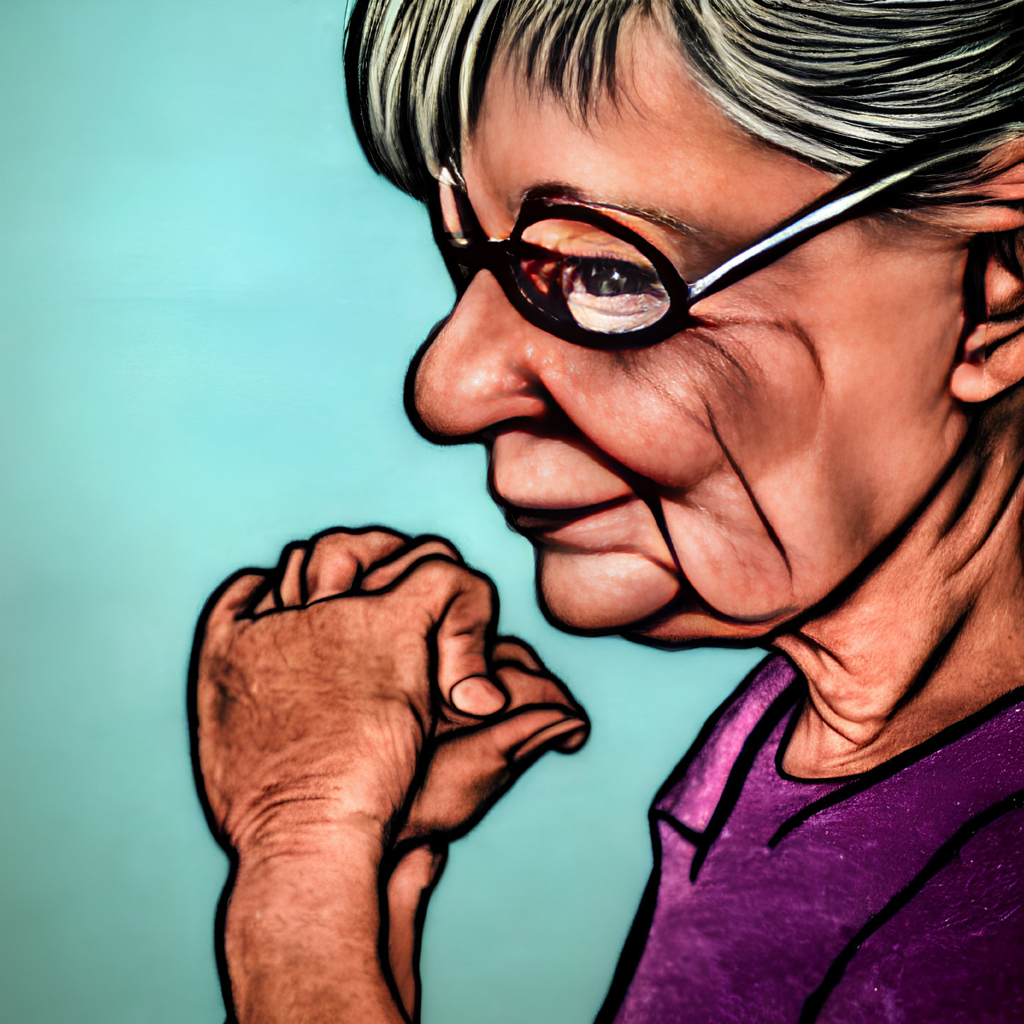 Elderly woman in purple shirt and glasses on turquoise background