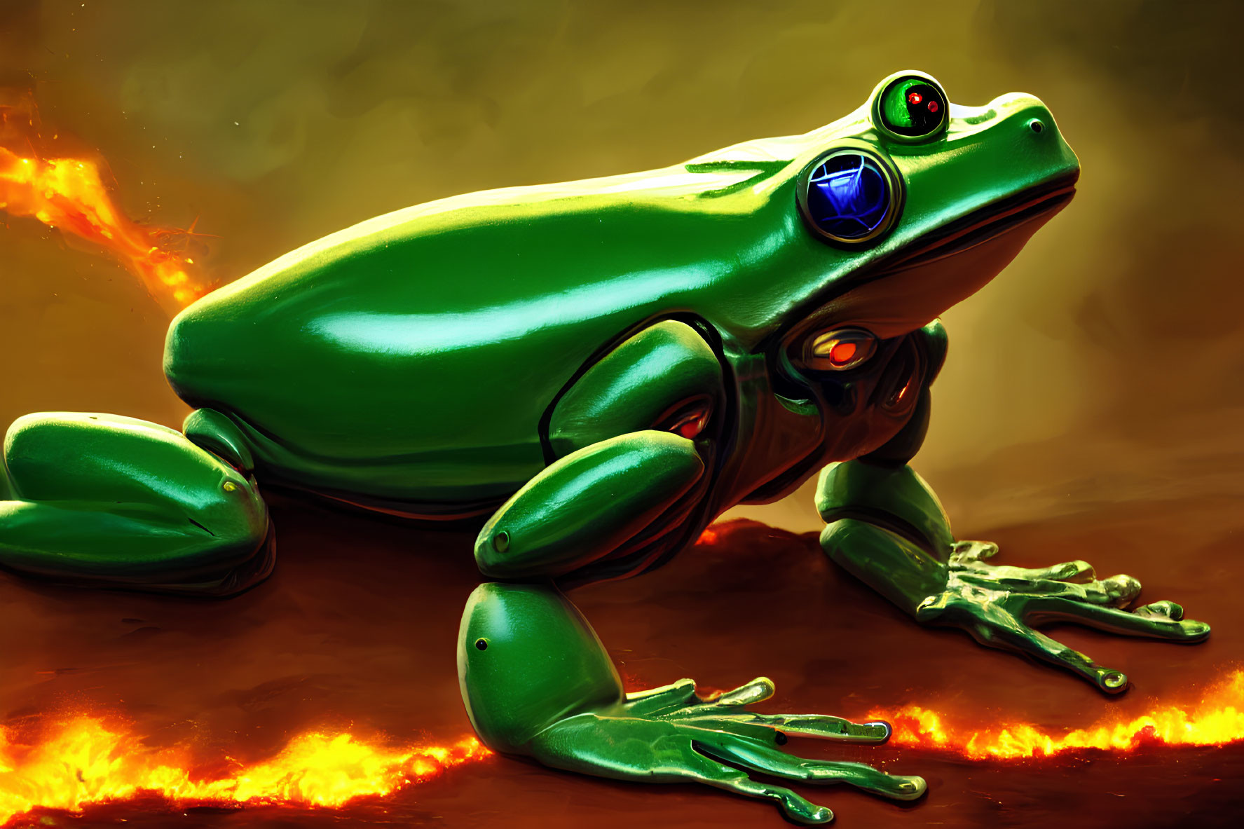 Colorful Mechanical Frog Illustration on Fiery Orange Background