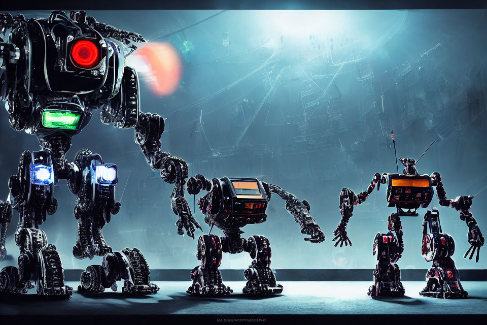 Various sized futuristic robots with screens and lights in industrial setting