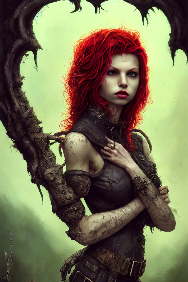 Digital Artwork: Woman with Red Hair and Leather Outfit in Front of Heart-Shaped Tree Branch