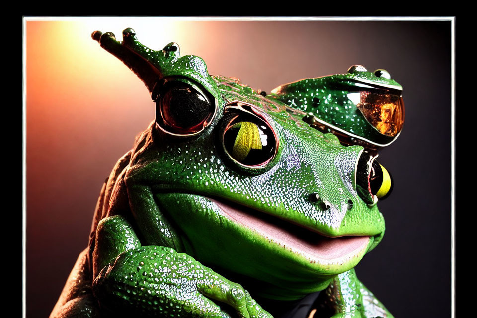 Stylized frog with sunglasses against warm background, showcasing vivid green skin.