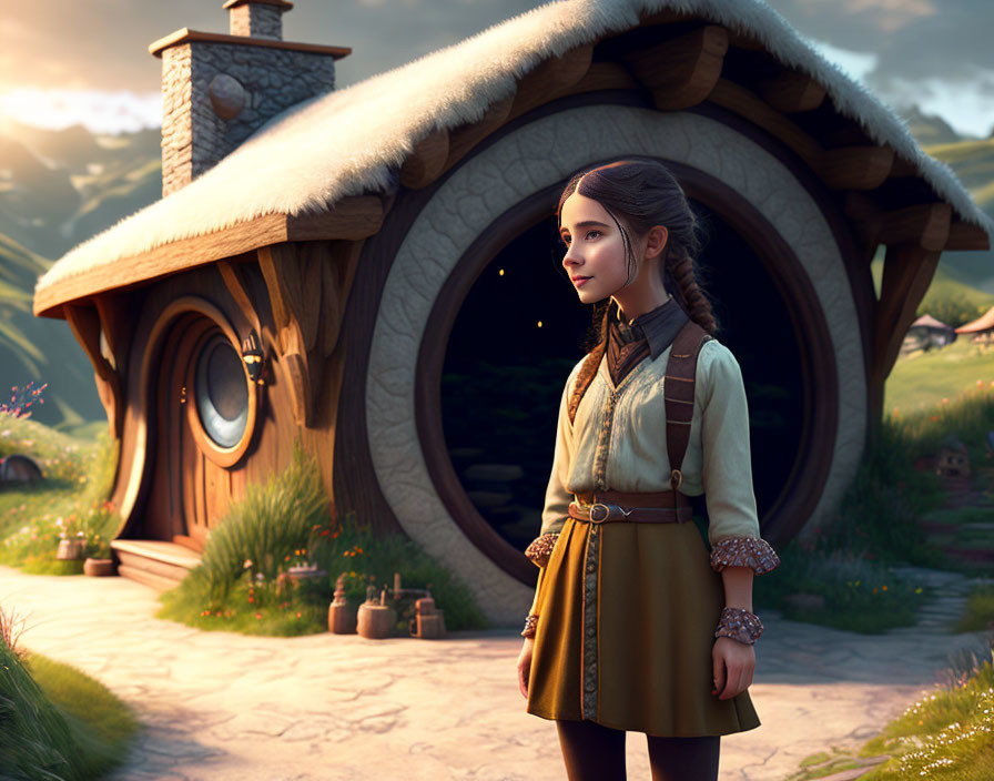 Animated girl at round-door cottage in serene landscape at sunset