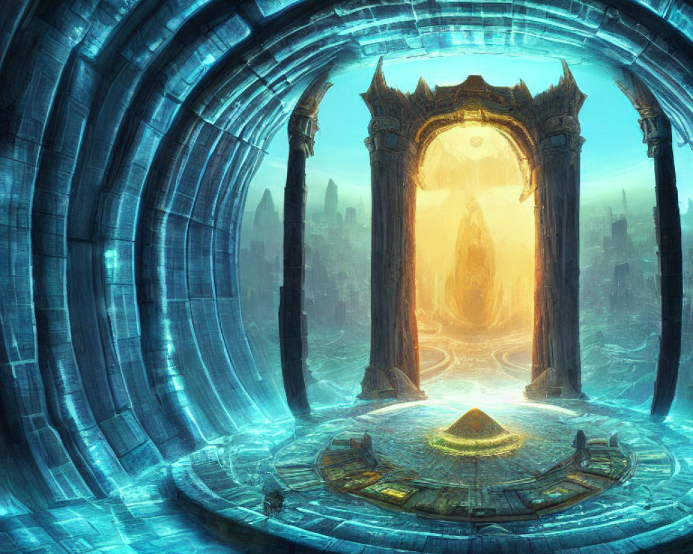 Circular blue chamber with golden archway and glowing city view.