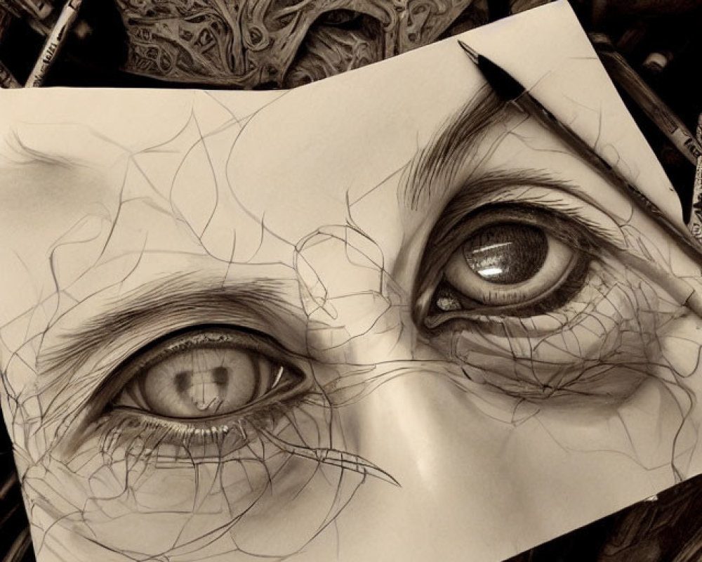 Hyper-realistic pencil drawing of eyes on paper with intricate eye design on artist's hand