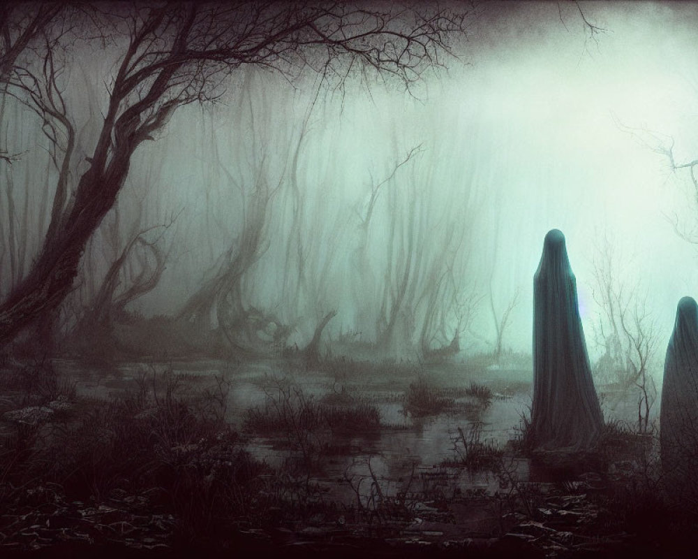 Ethereal light illuminates cloaked figures in foggy forest