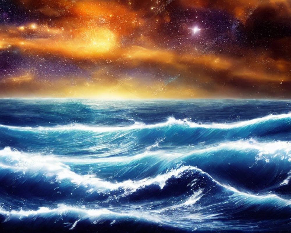 Digital Art: Tumultuous Ocean with Starry Sky & Nebula