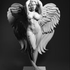 Detailed Angel Sculpture with Feathered Wings on Pedestal in Sorrowful Pose