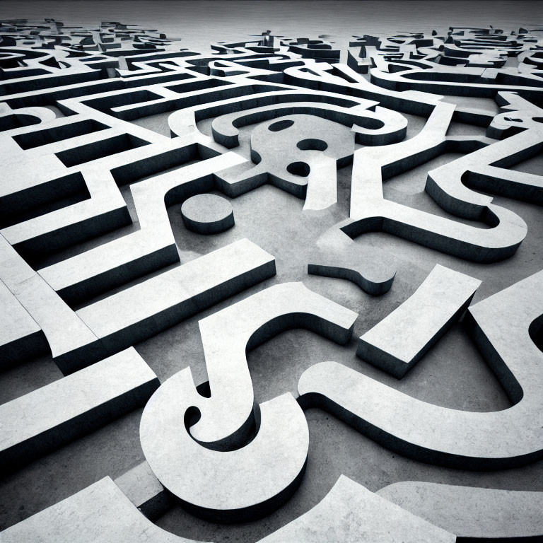 Monochrome 3D maze with question mark center