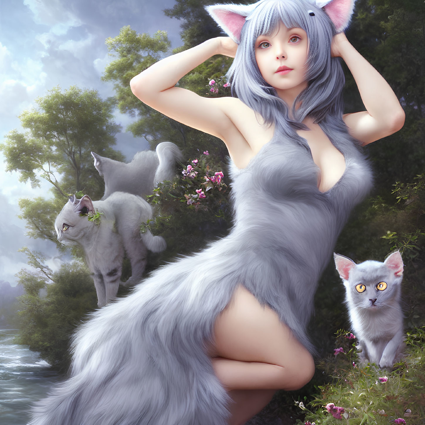 Fantasy illustration of woman with cat ears in furry costume among felines in forest