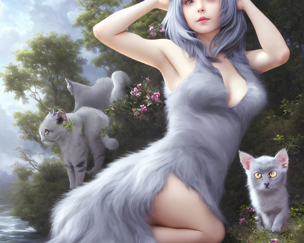 Fantasy illustration of woman with cat ears in furry costume among felines in forest