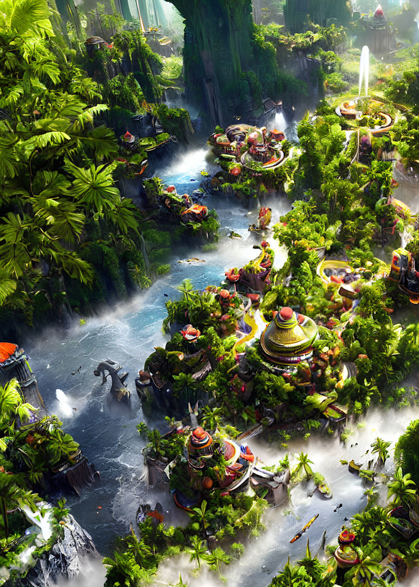 Lush jungle landscape with waterfalls and futuristic hovercraft