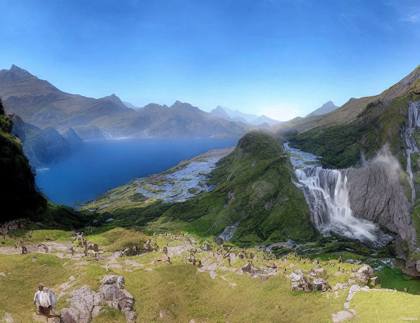 Tranquil panoramic landscape with waterfall, lake, greenery, hills, and sky