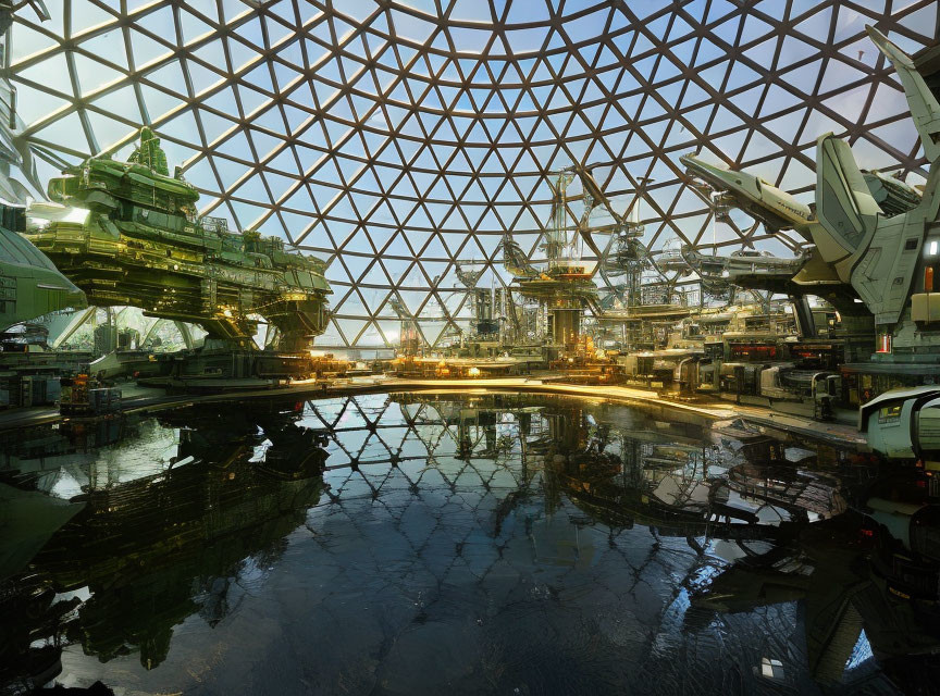 Futuristic large dome with geometric glass ceiling and advanced machinery.