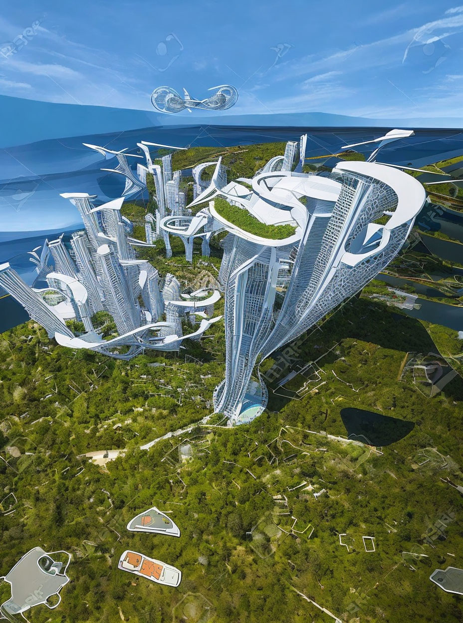 Interconnected skyscrapers and greenery in futuristic cityscape