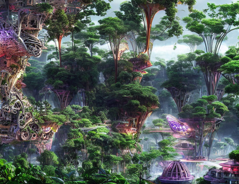 Majestic forest with alien-like structures blending into nature